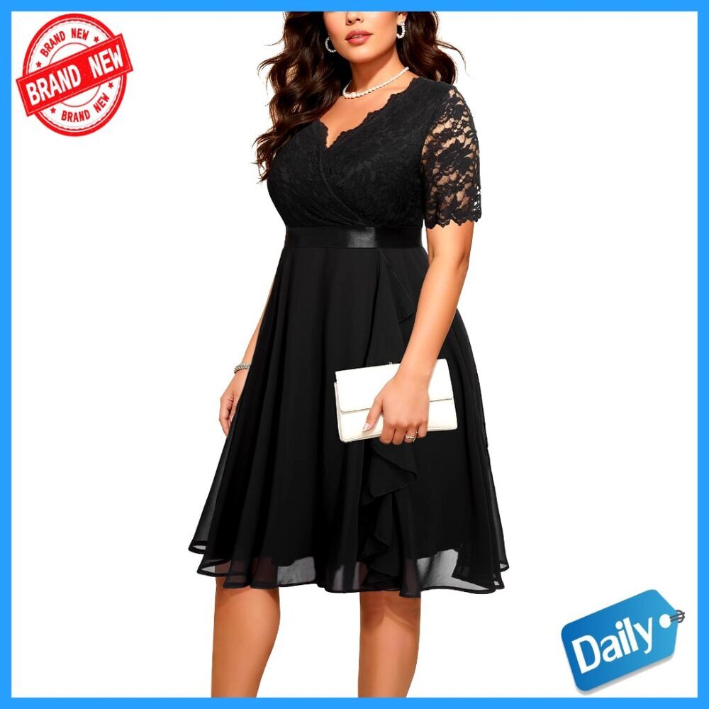 Elegant Tea Length Lace Chiffon Formal Dress Plus Size Ruffle Midi